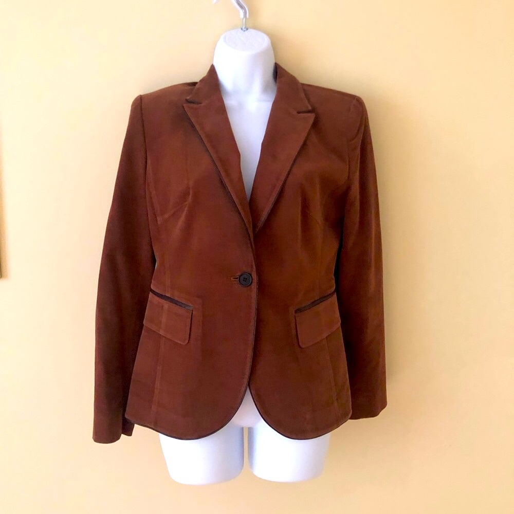 Women Ann Tailor Loft Blazer Jacket, lined, brown, size 6, unique design details